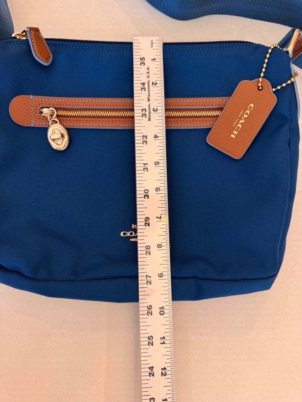 Coach Sawyer Bright Mineral Blue Canvas Crossbody Bag Brass Turn Lock - Picture 10 of 11